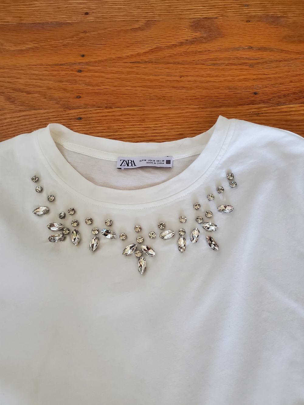 ZARA White Crewneck Embellished Jewel Tee